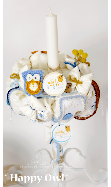 Lumanare de botez cu bufnite personalizata, 65x4 cm, Bufnita vesela 6